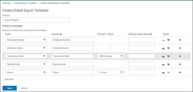 Create Global Export Template page