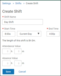 Create Shift page