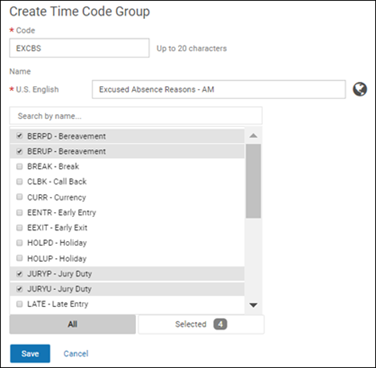 Create Time Code Group page