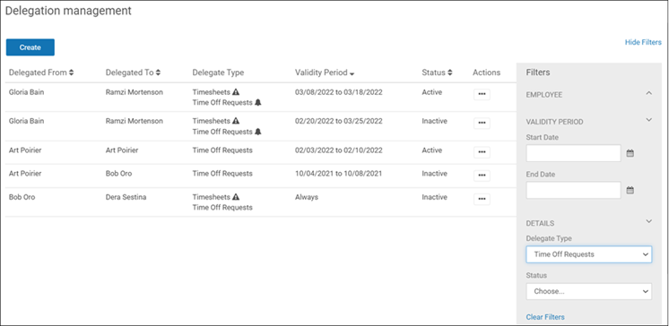 Delegation Management page filtered by Time Off Requests type