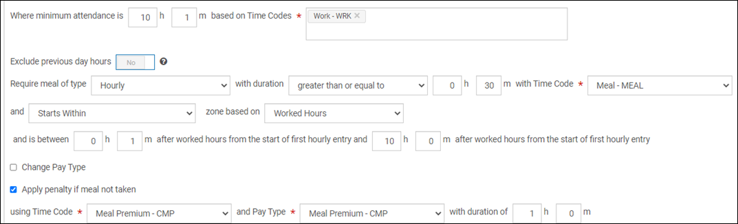 Example of the configuration for a mandatory Meals and Breaks rule