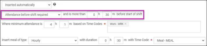 Configuration of a meal inserted automatically with Attendance Before Shift Required option