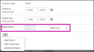 Employee timesheet showing a meal waiver