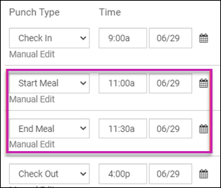 Example of a break on a time clock timesheet