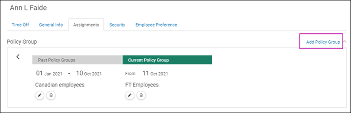 Employee's Assignments tab where you select the Add Policy Group link