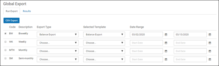 Global Export page