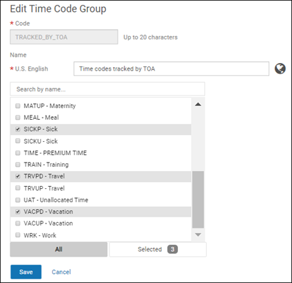 Edit Time Code Group page