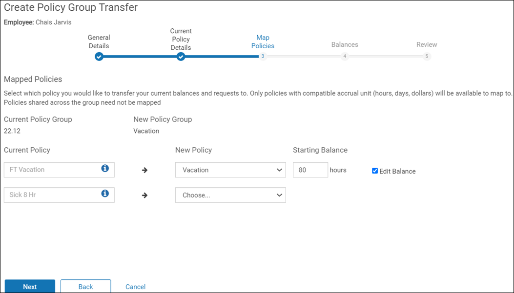 Create Policy Group Transfer page showing the Current Policy Details step where policies are mapped