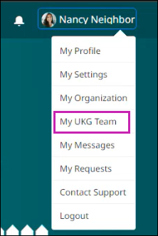 Profile menu with a callout box around the My UKG Team menu item.