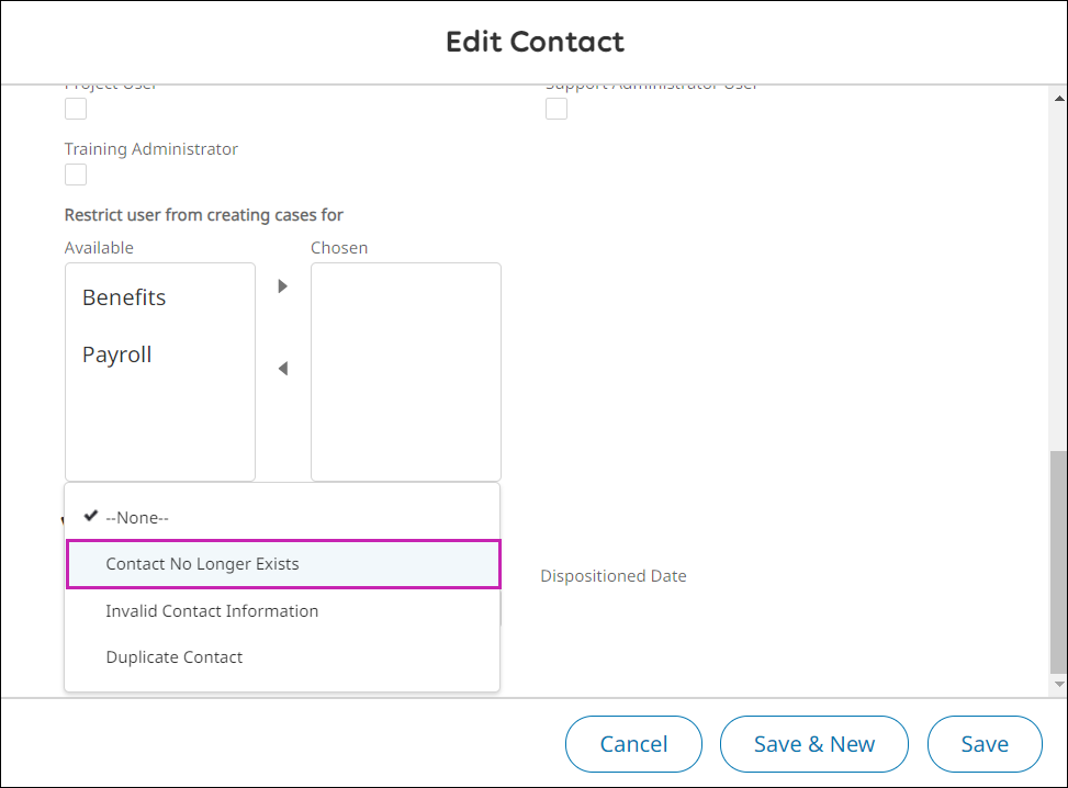 The Edit Contact window with the Disposition contact options open. Contact No Longer Exists is selected.