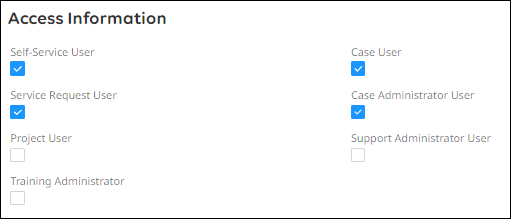 The Access Information section with the Support Administrator User box selected.