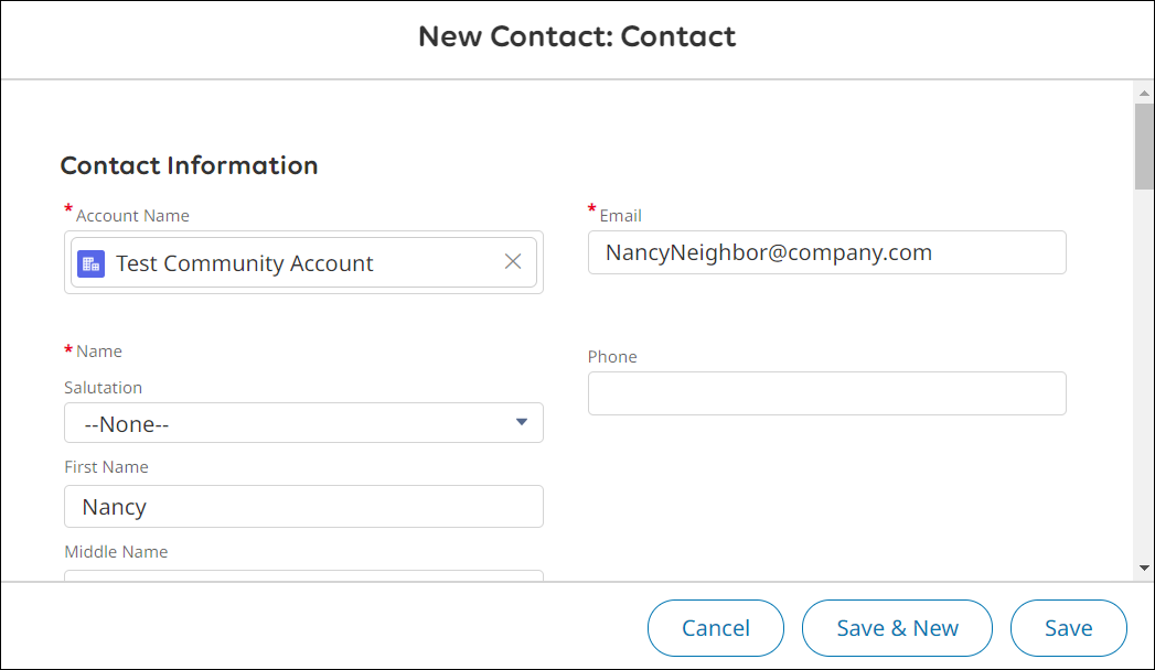 The New Contact window with example information.
