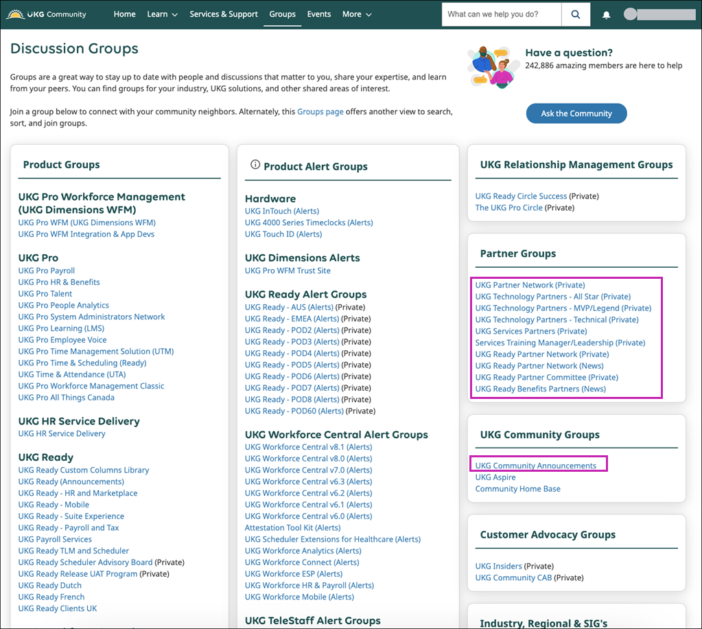 The Discussion Groups page with callout boxes around the links in the Partner Groups section and the UKG Community Announcements link.