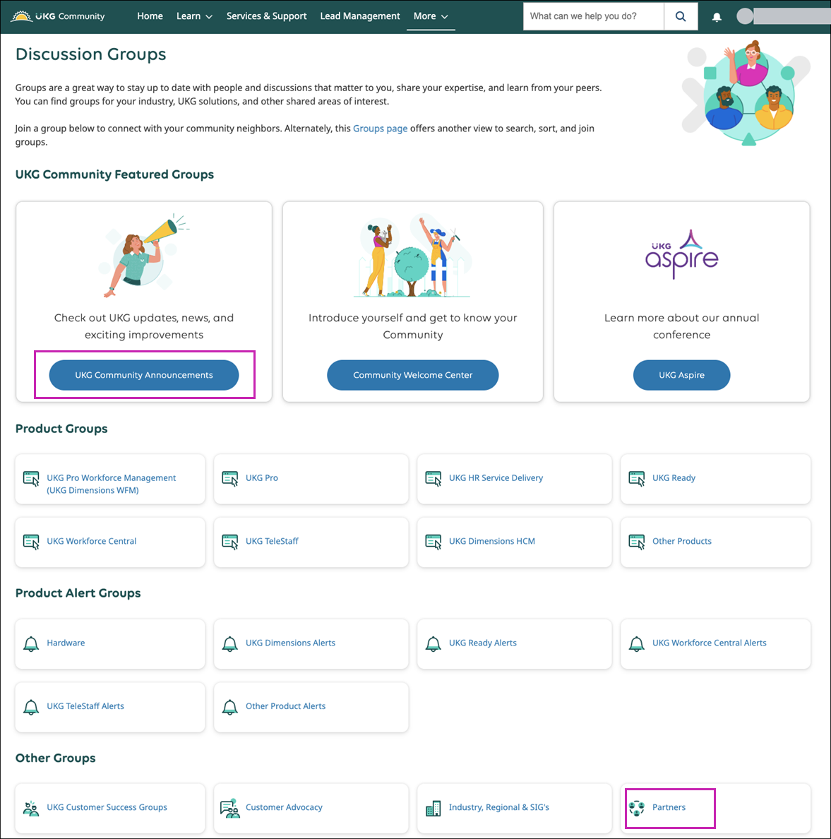 The Discussion Groups page with callout boxes around the UKG Community Announcements button and the Partners tile.