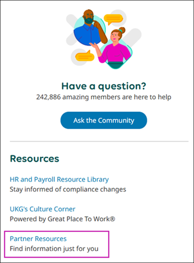 The UKG Community home page with Partner Resources highlighted.