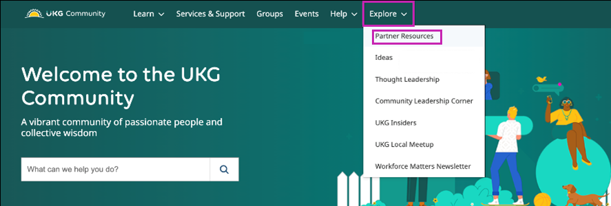 The UKG Community top navigation bar with Explore > Partner Resources highlighted.
