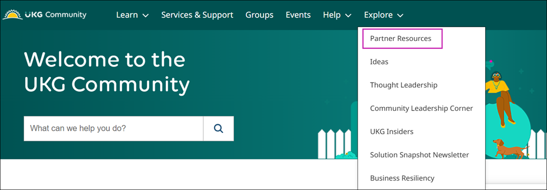 The UKG Community top navigation bar with Explore > Partner Resources highlighted.