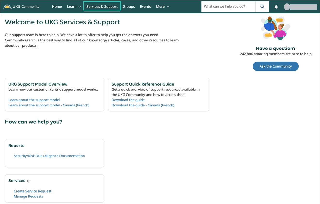 The Welcome to UKG Services & Support page.