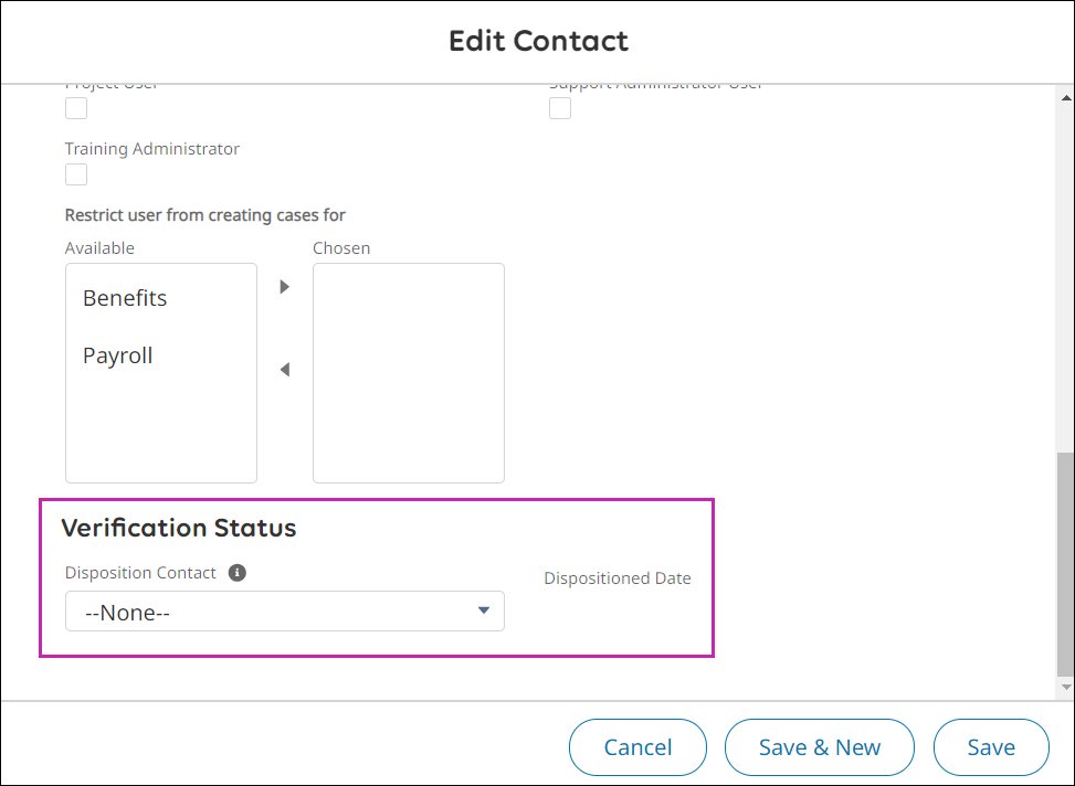 The Edit Contact window with the Verification Status Section highlighted.