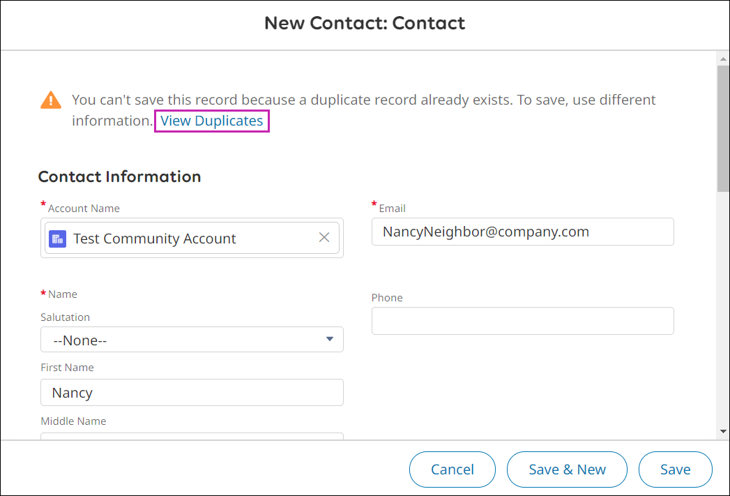 The New Contact window with the duplicate record warning message. The View Duplicates link is highlighted.