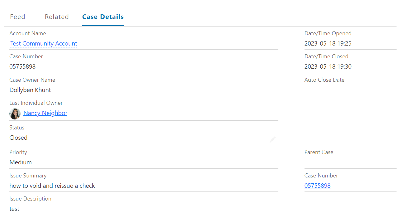 A screenshot of the case details tab