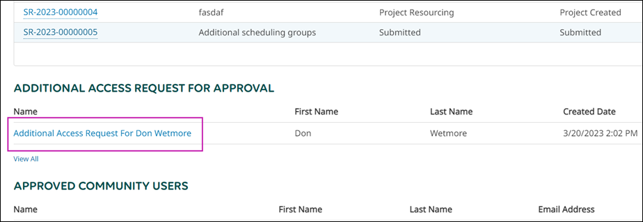 Additional Access Request for Approval section where you can select a request.