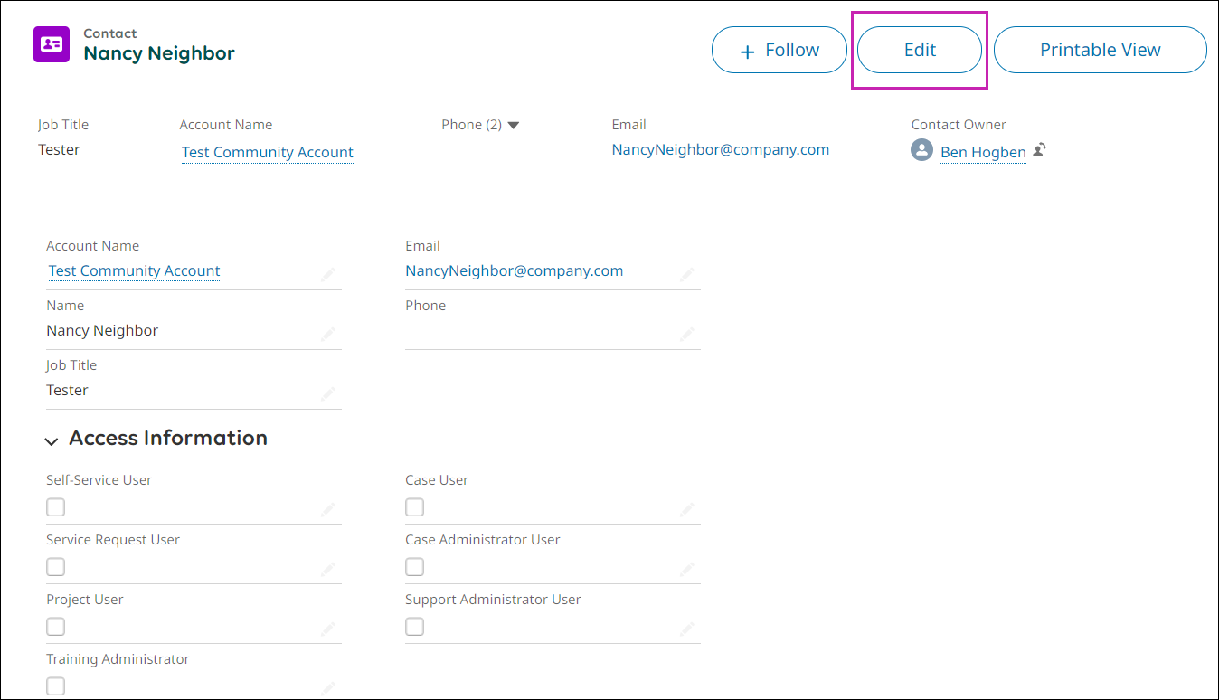 An example contact page with Edit highlighted.