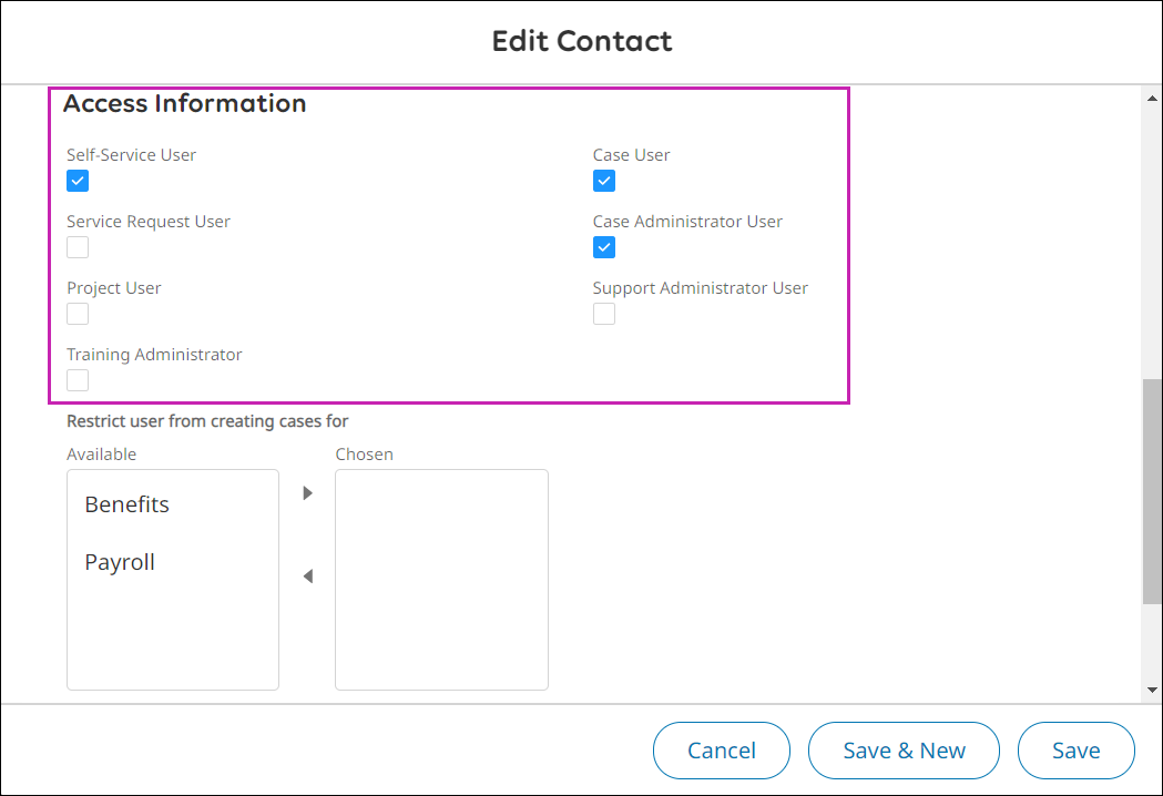 The Access Information section with several user types selected.