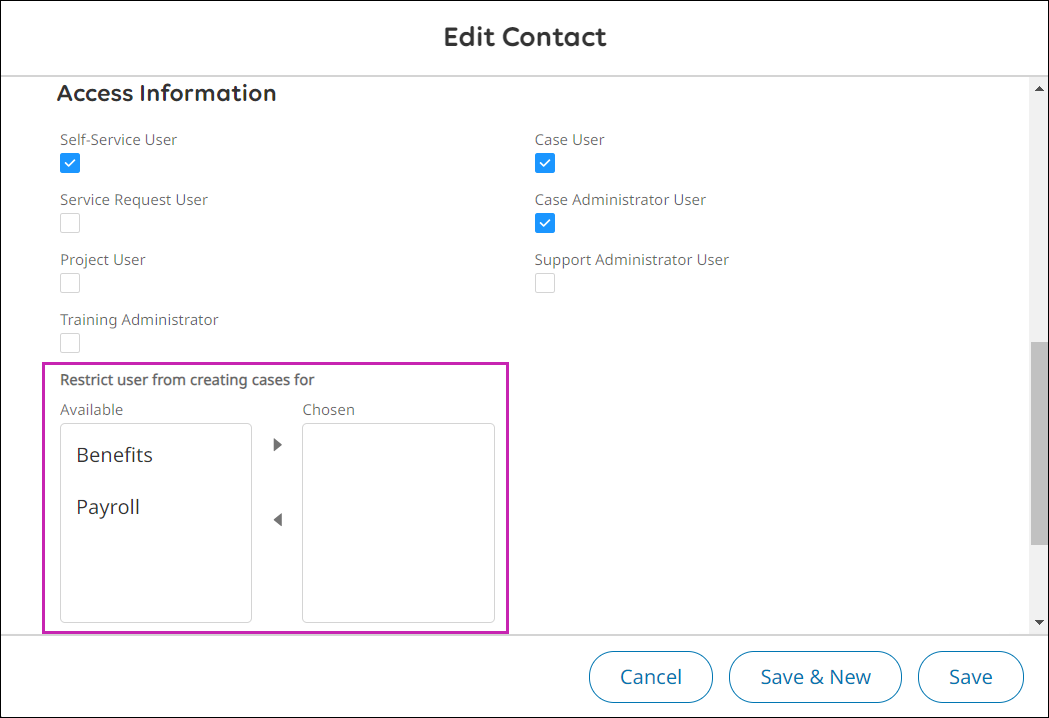 Access Information section with a callout box around the Available and Chosen lists.