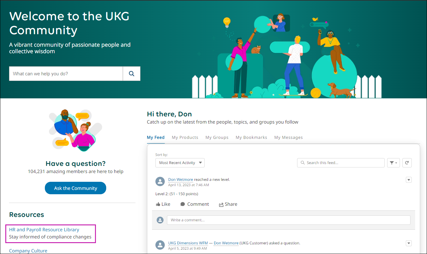 The Community home page with the HR and Payroll Resource Library highlighted.