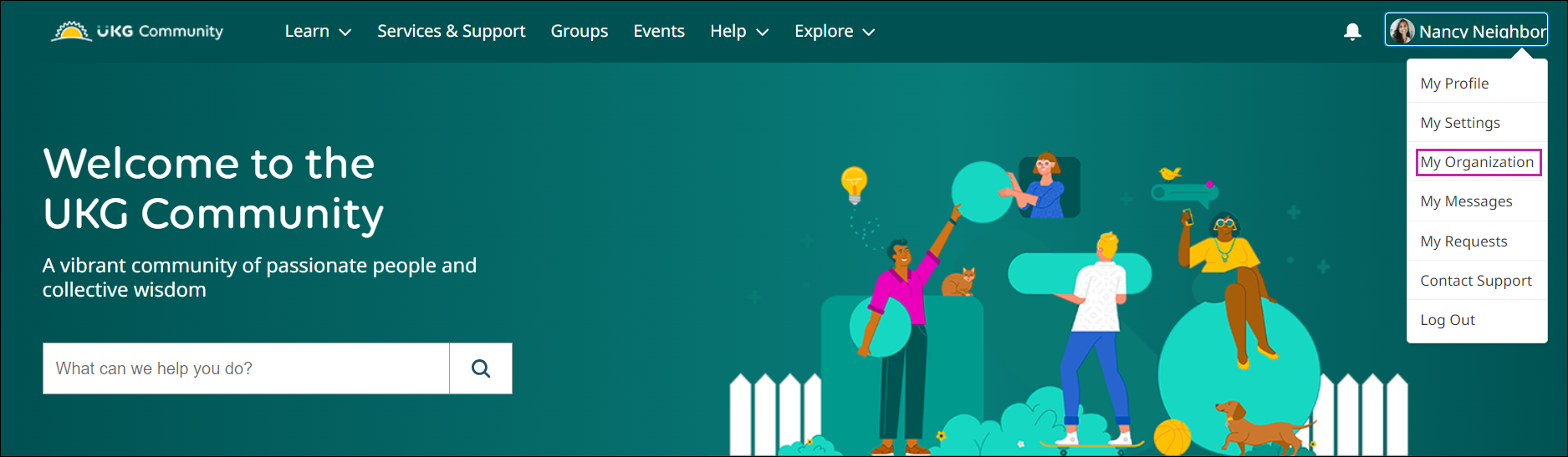 The UKG Community home page with the profile menu selected. From the drop-down menu, My Organization is highlighted.