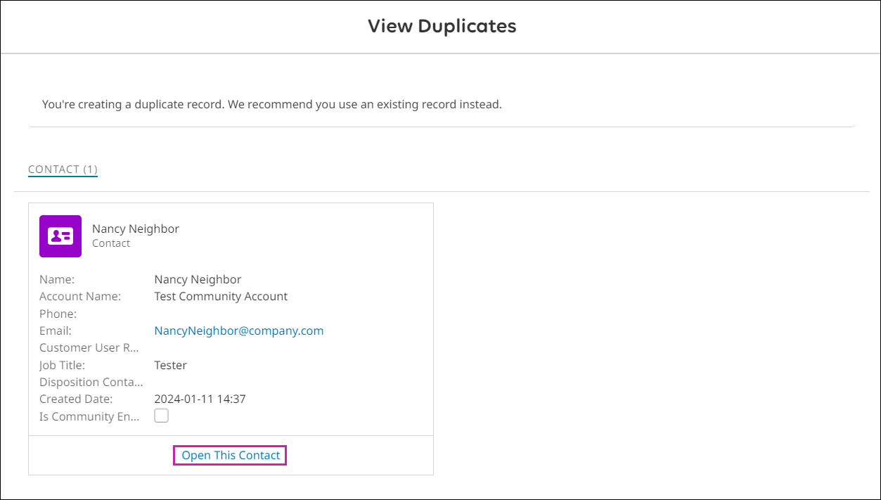 The View Duplicates window with Open This Contact highlighted.