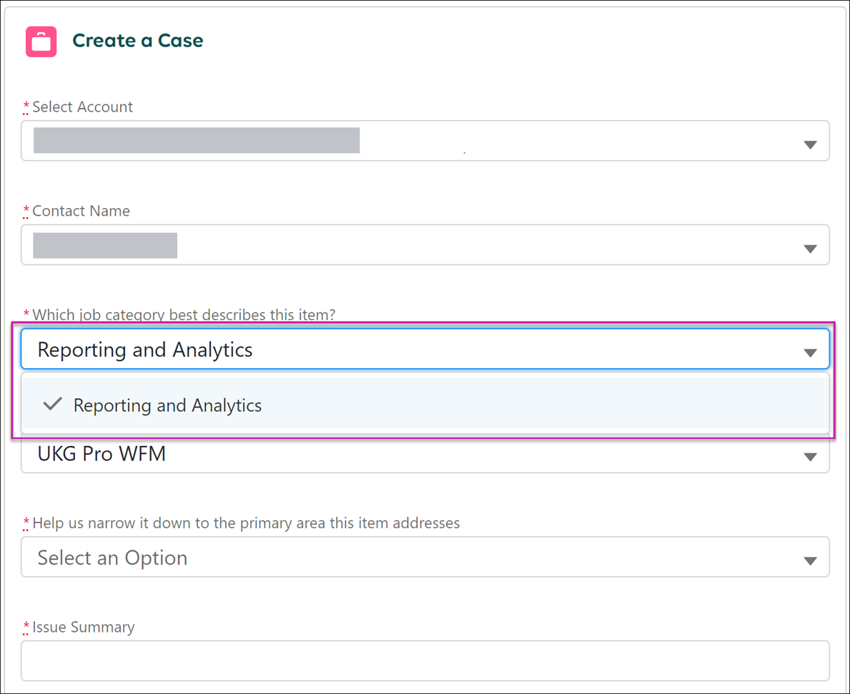 Create a Case page with a callout box around Reporting and Analytics at the field asking for the job category for this item.