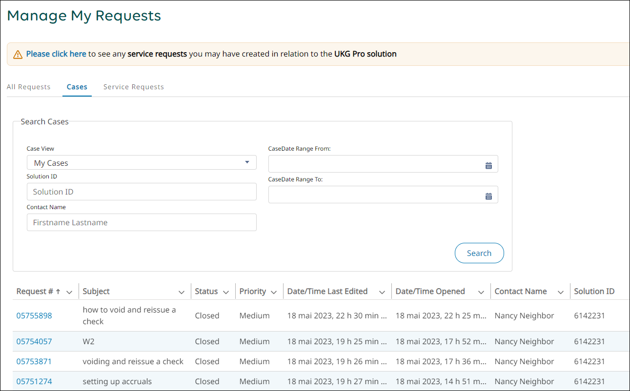 The Manage My Requests page on the UKG Community