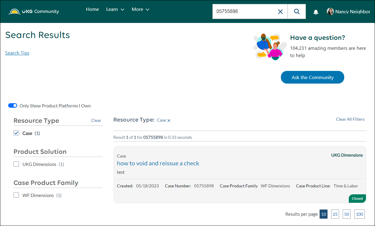 Search results for a case number on the UKG Community
