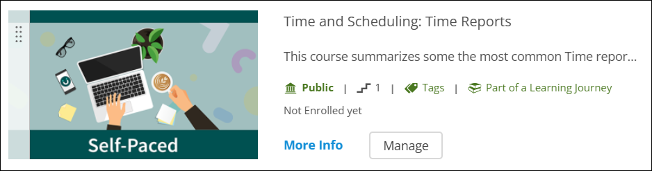 Screenshot of a Time and Scheduling course with a Self-Paced banner on the image thumbnail and a description that starts with "this self-paced course..."