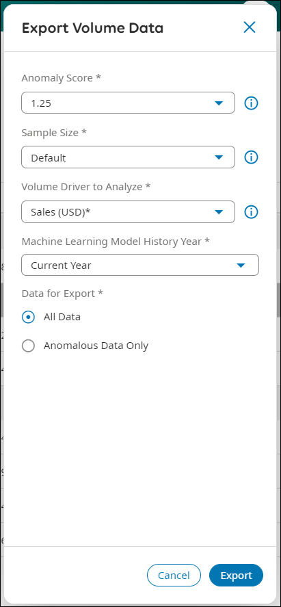 Export Volume Data dialog box configured