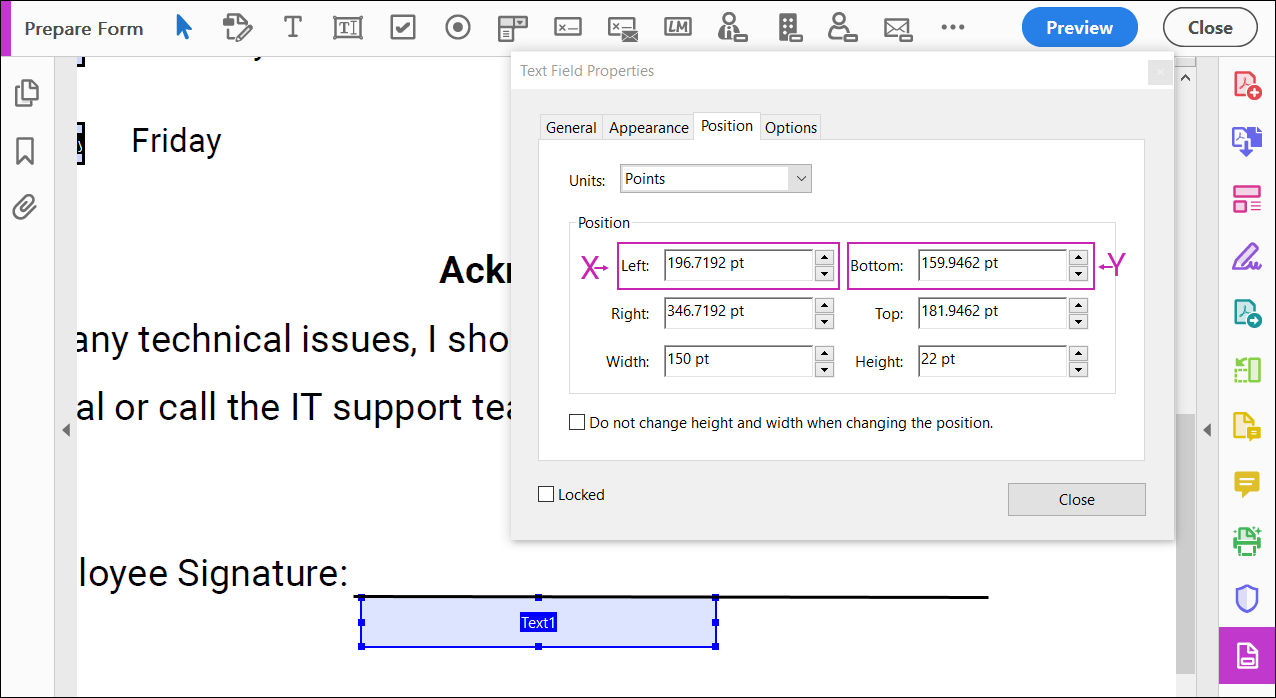 Displays the Text Field Properties windows, the Position Tab is selected. The Left and Bottom fields are highlighted