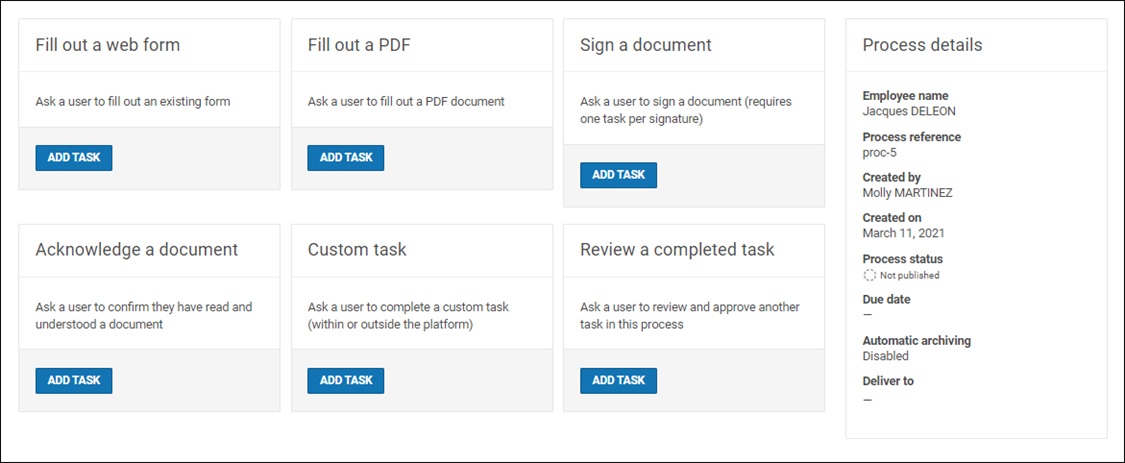 Screenshot of the page from where you select the first task for the process template.