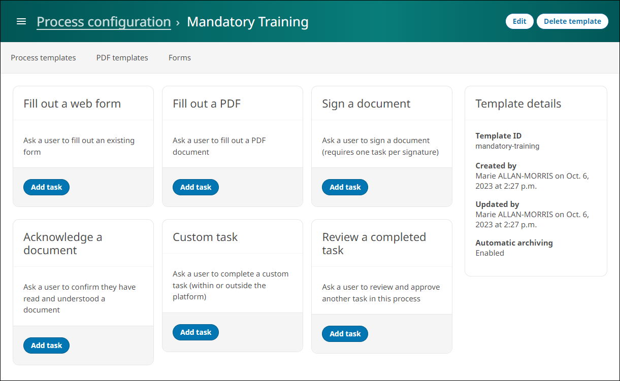 Screenshot of a process template settings page displaying task types to add and template creation summary.