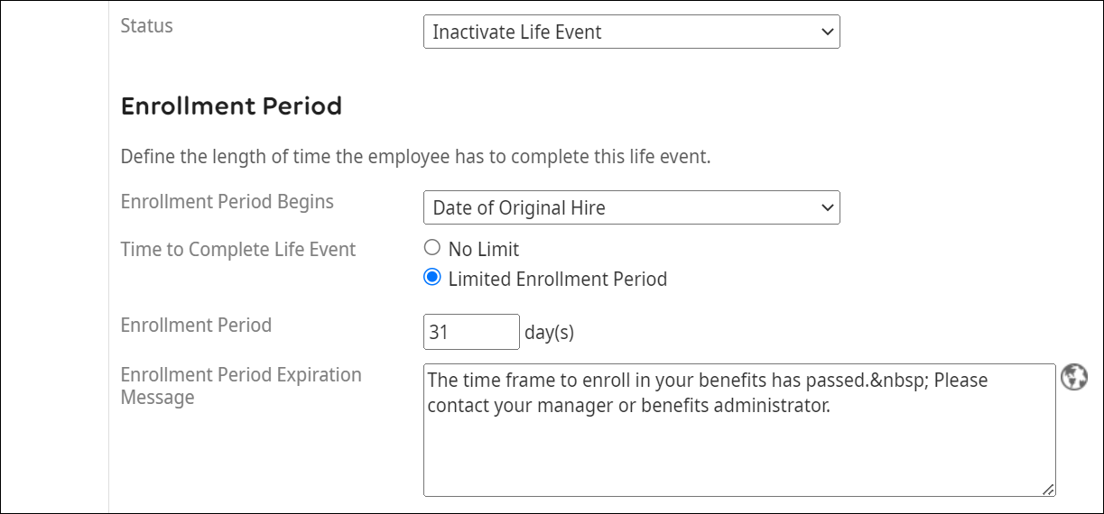 Shows enrollment period time and message settings
