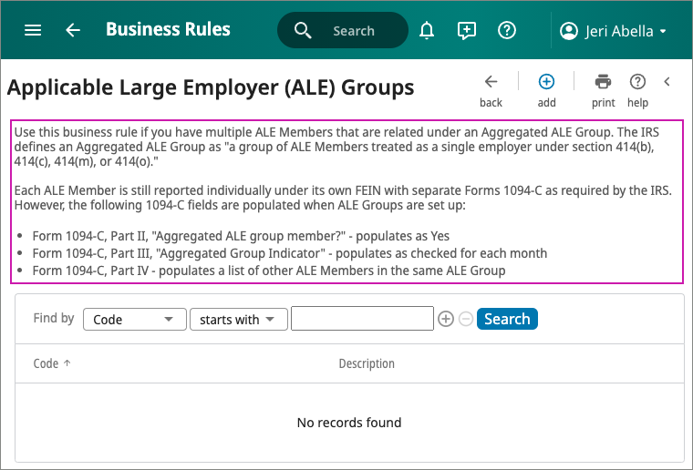 ALE Groups Business Rule Page with Informational Message Highlighted