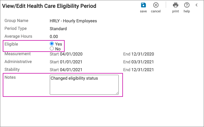 View/Edit Employee Health Care Eligibility Period