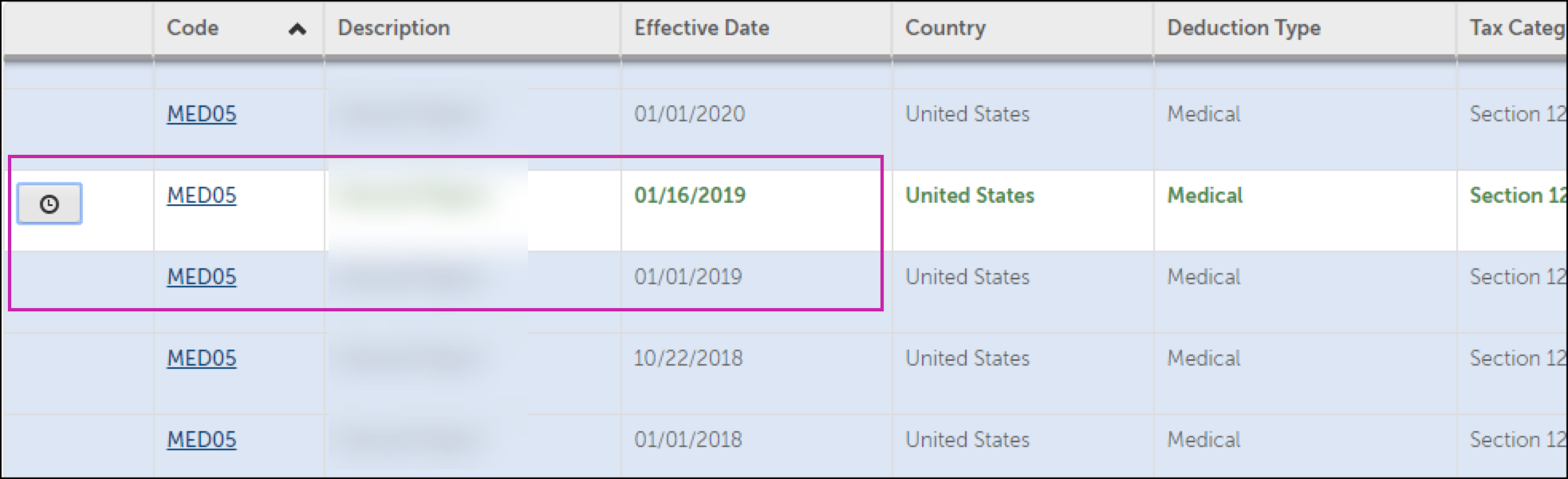 Screenshot of ACA Effective Date display