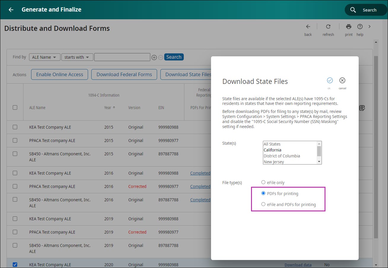 Download State Files popup window with File Types options highlighted