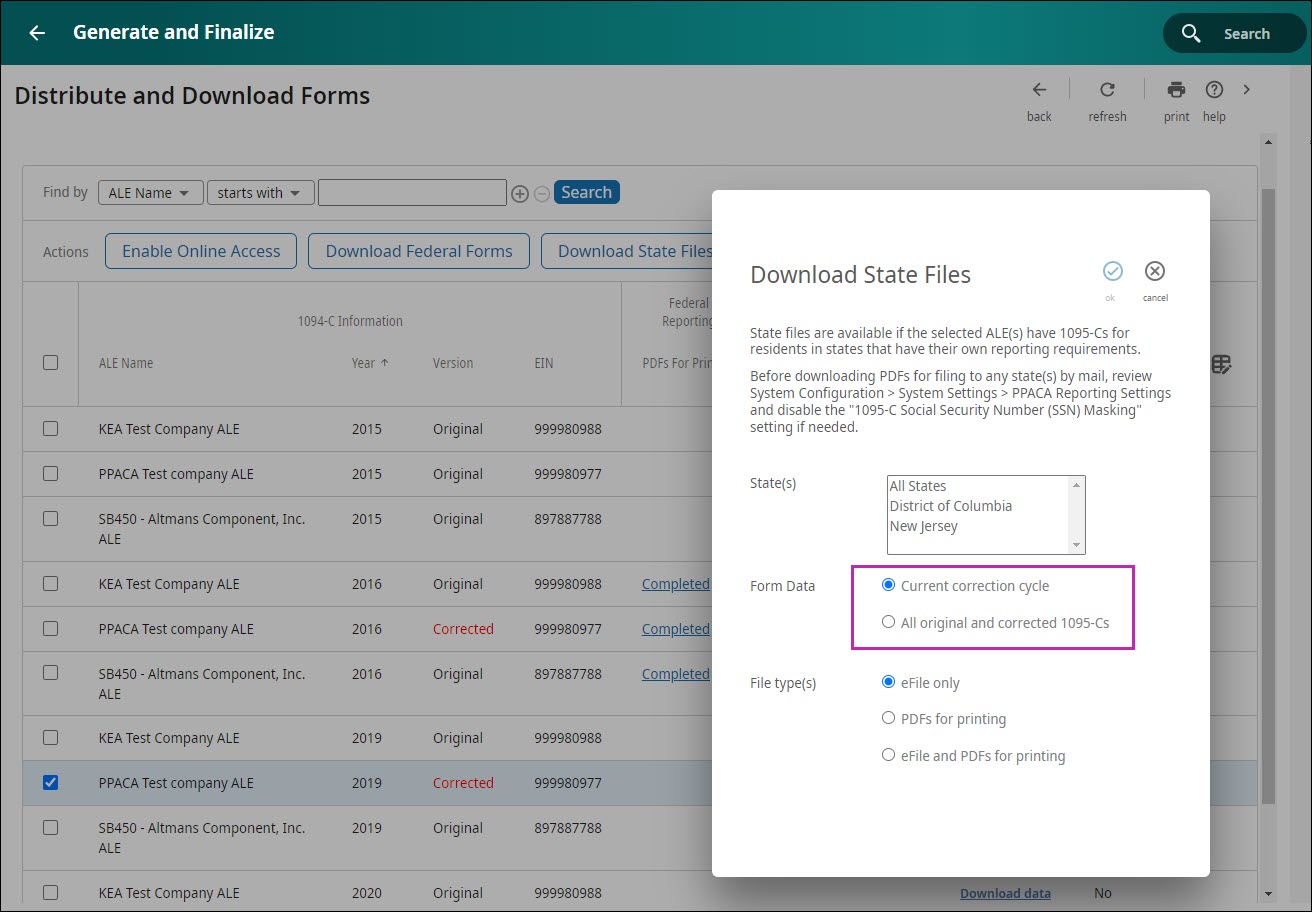 Download State Files popup window with Form Data options highlighted