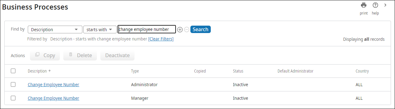 The Business Processes page displaying the Change Employee Number business processes.