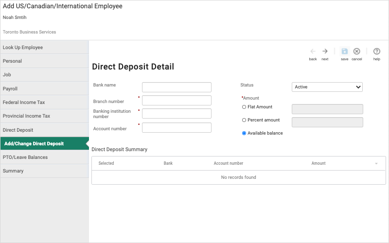 View of the Add or Change Direct Deposit page