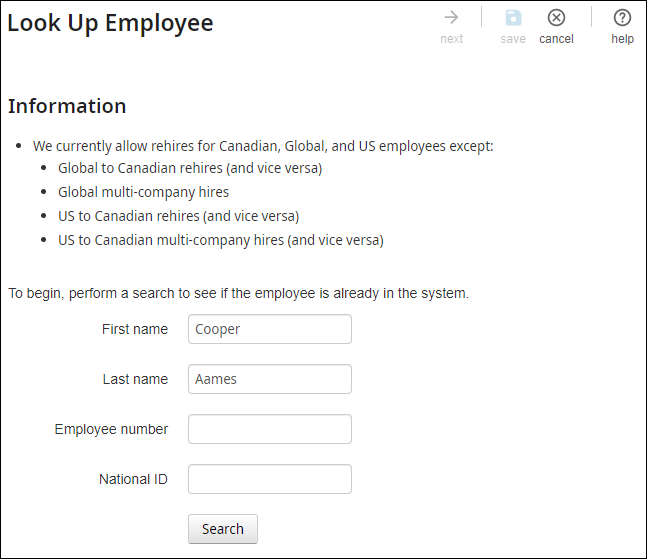 View of the Look Up Employee Page. The National ID field is highlighted.