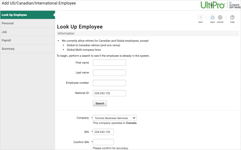 Look Up Employee page with Social Insurance Number match confirmation.